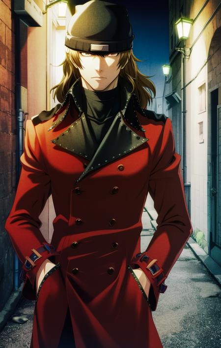 53125-1889032465-highres, detailed, soft lighting, outdoors, dark alleyway, solo, red trenchcoat, hands in pockets, beanie, shinjiro aragaki [per.png